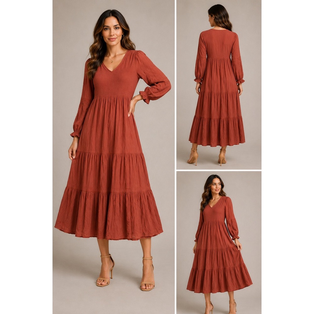 Coco + Jaimeson L Rust Terracotta Smocked Tiered Maxi Dress Boho Crinkle Rayon